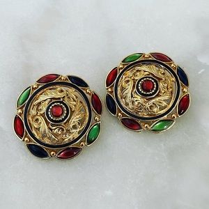 Vintage clip-on earrings GOLD green/red stones